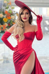 Impresionante vestido de fiesta de noche rojo largo de sirena con hombros descubiertos y abertura